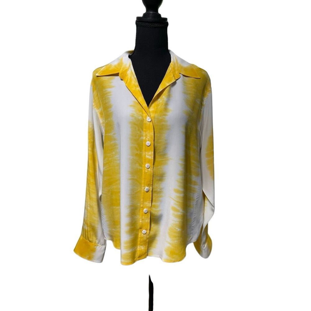 Fifteen Twenty Women’s Yellow Tie Dye 100% Silk L/S Blouse/Top size Large Front